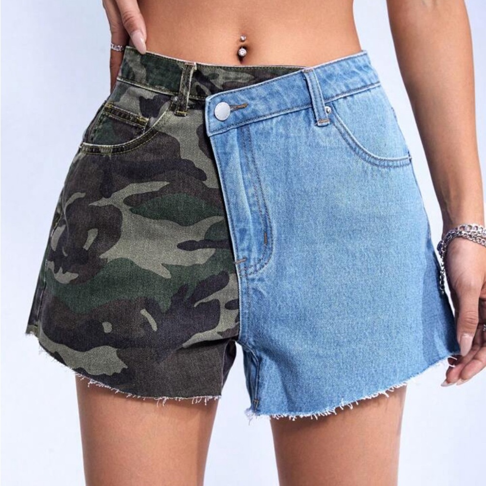 Denim camo raw hem shorts
